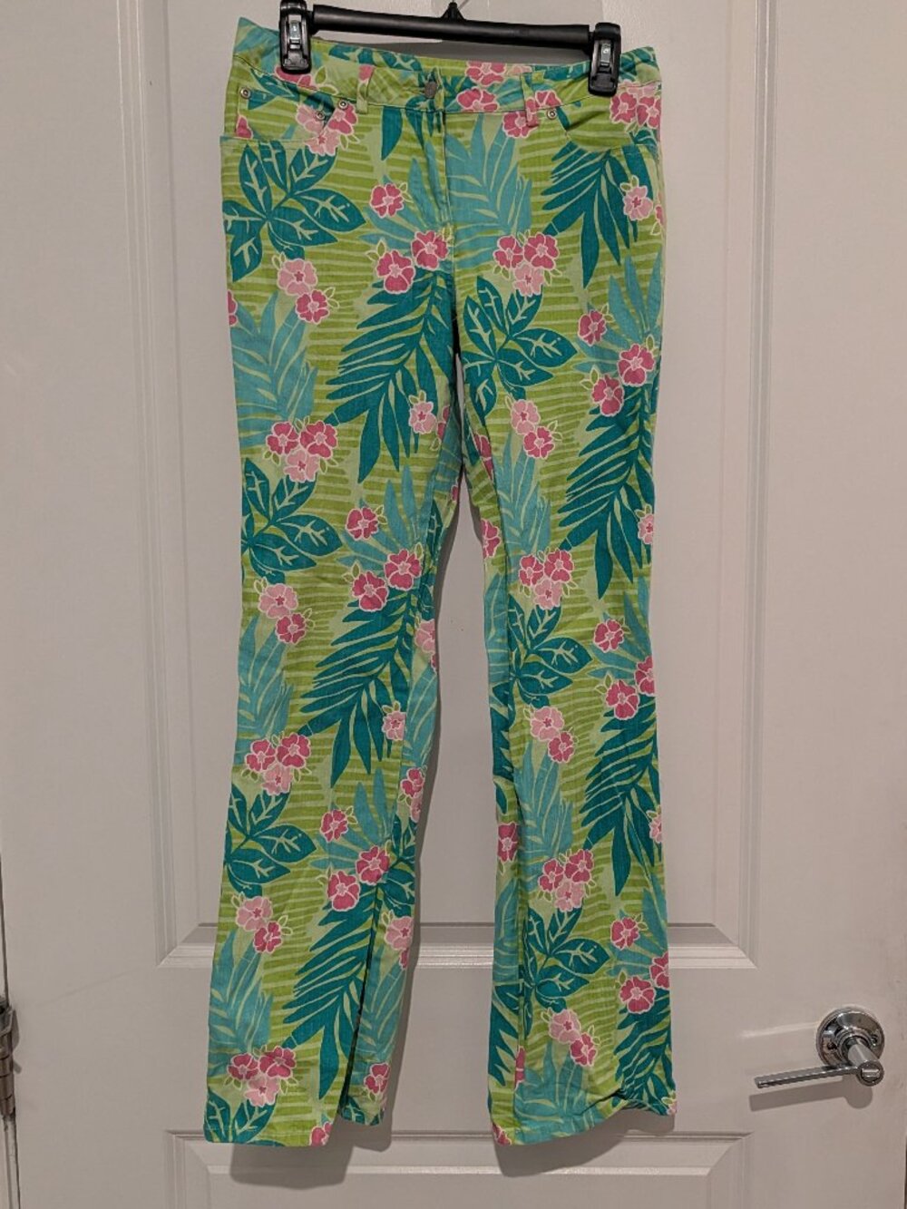 VINTAGE Lilly Pulitzer Jeans — Tropical Hibiscus & Palm Print, Lime Green, Sz4